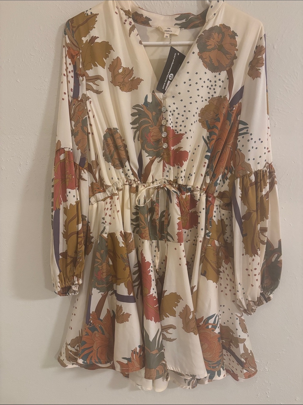 entro Cream Floral Midi Dress with Rust and Olive Print